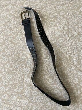 Express Black Leather Stud Belt with Brass-Tone Buckle